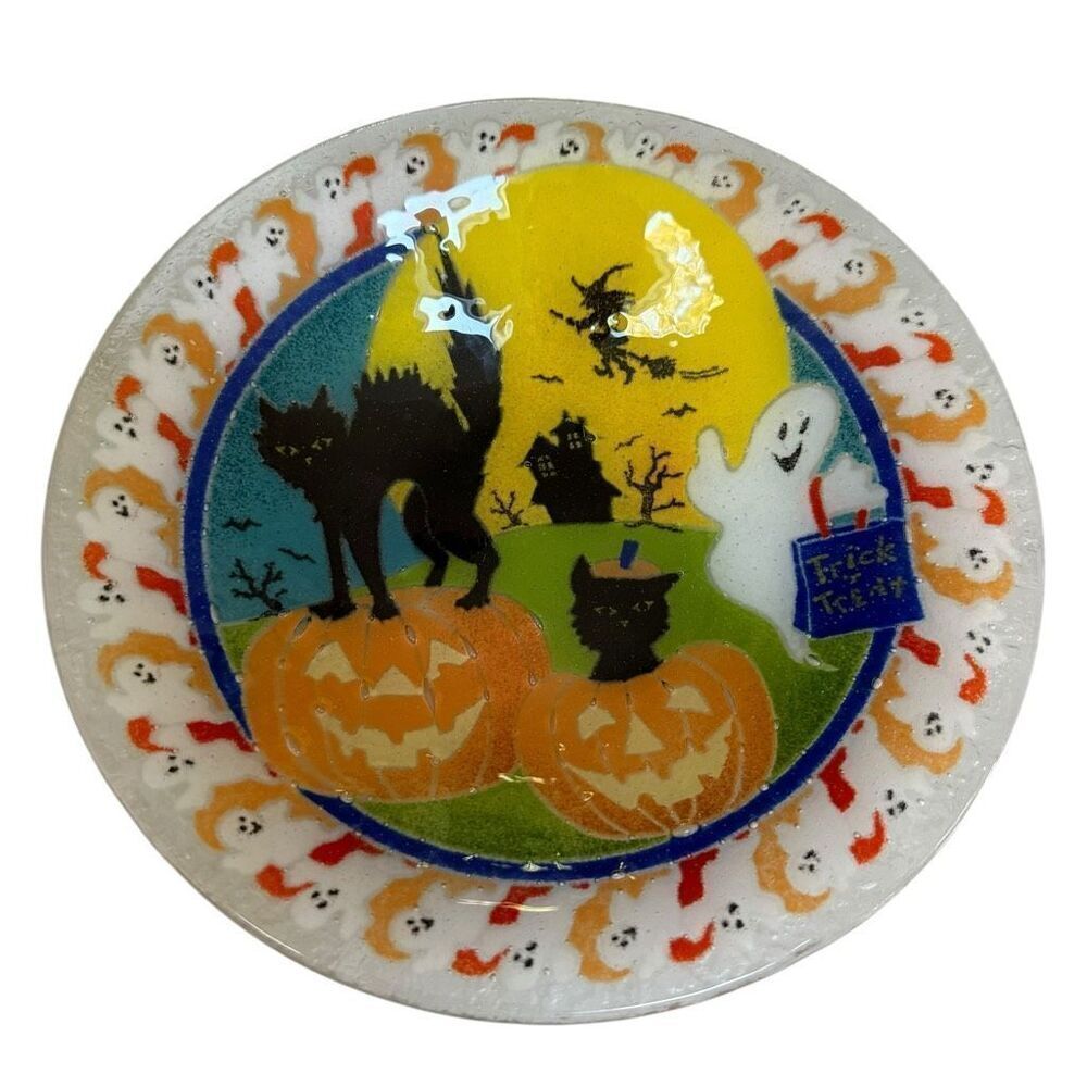 Peggy Karr Fused Art Glass Halloween Black Cat Witch Pumpkins Ghost Plate bowl